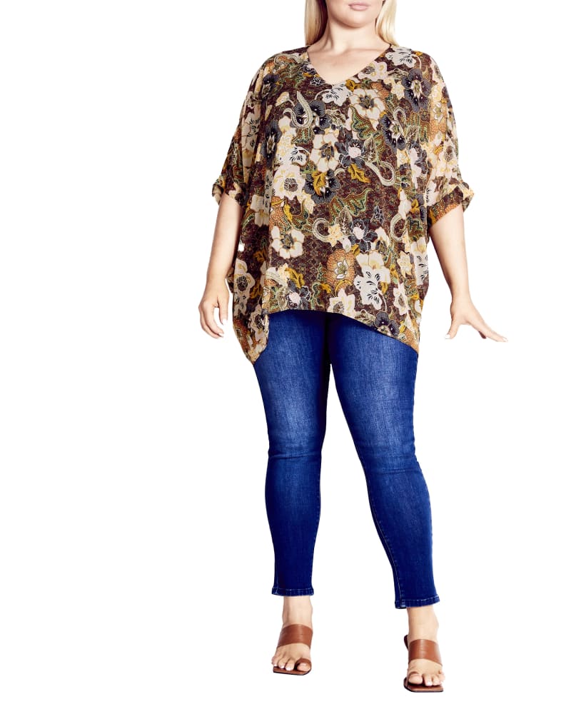 Front of a model wearing a size 16 Harley Top in Eastern Floral by Arna York. | dia_product_style_image_id:300440